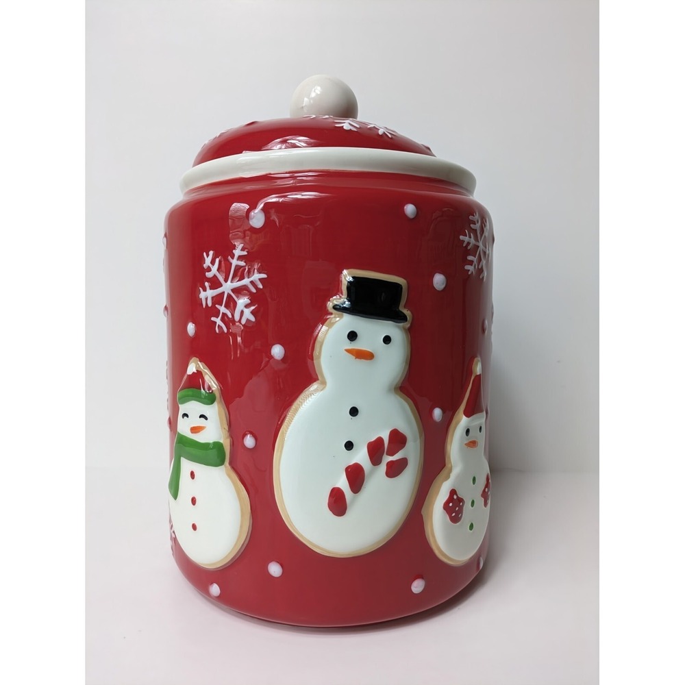 Hallmark Christmas Red Cookie Jar Canister 3 Snowmen Snowflakes 9" Sugar Cookies